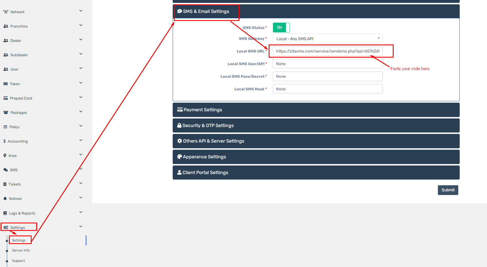 ZitaSMS - Zal Pro SMS Configuration